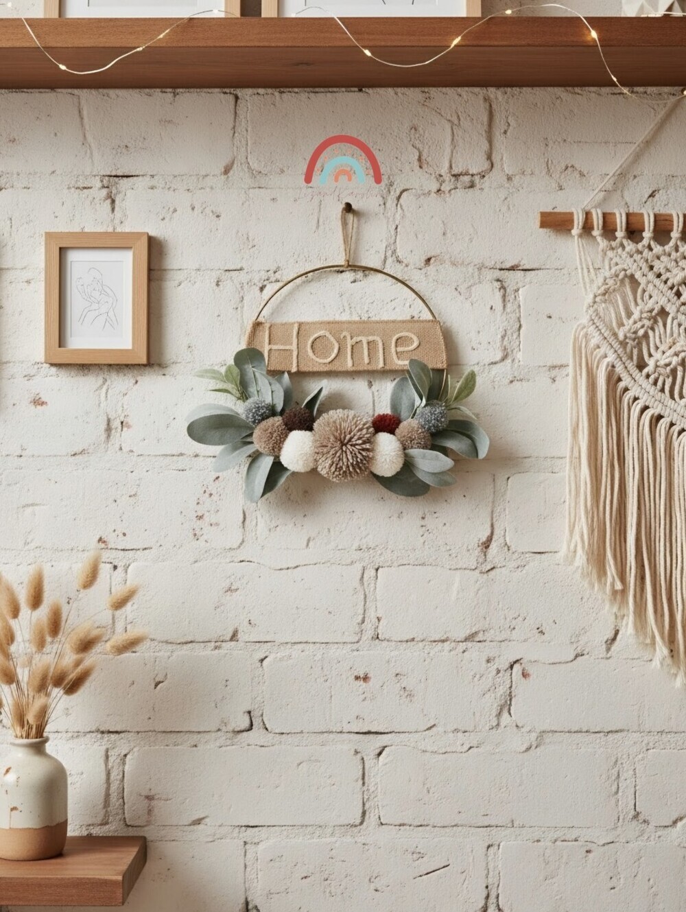 New! Handmade Boho Home Wreath Sage Cottagecore Brass Ring Farmhouse Wall Decor